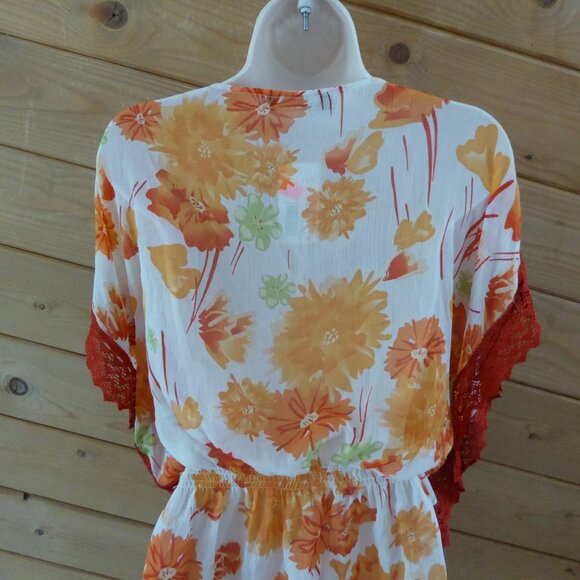 Kohinoor Orange Floral Crochet Lightweight Cinched Blouse Tunic Top NWT - Picture 7 of 10